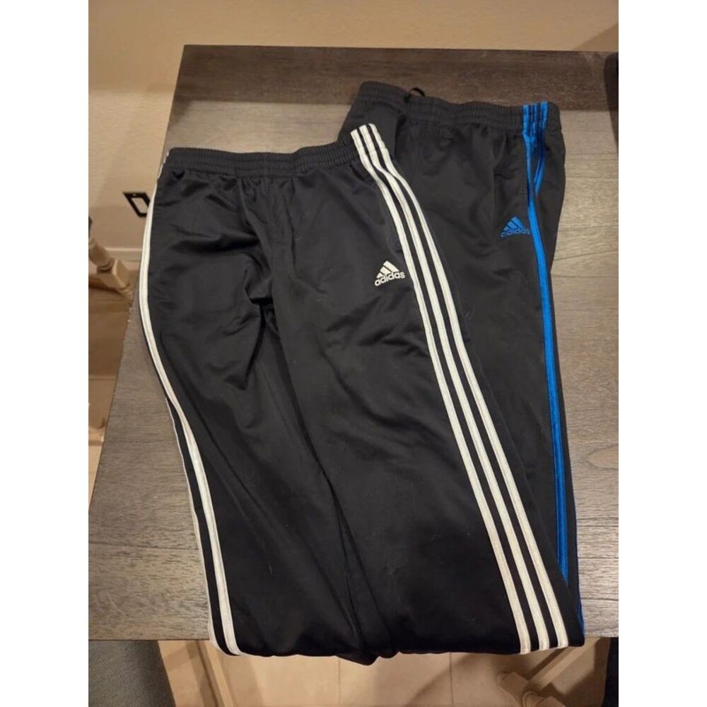 Lot of 2 Adidas Boys Large Tiro Track Pants Black White Blue Stripes Athletic